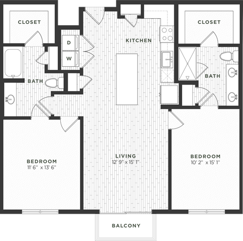 Floor plan for 2 beds, 2 baths, 1153 sqft